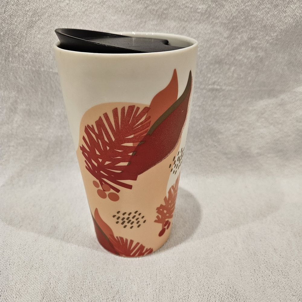 STARBUCKS 2019 Ceramic Holiday Traveler Tumbler with Lid 12oz Pink Pine Berries